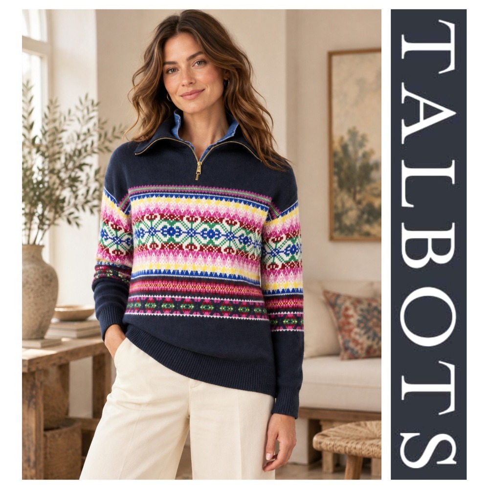 Talbots Black Multicolor Fair Isle Long Sleeve 1/4 Zip Wool Blend Sweater 2X
